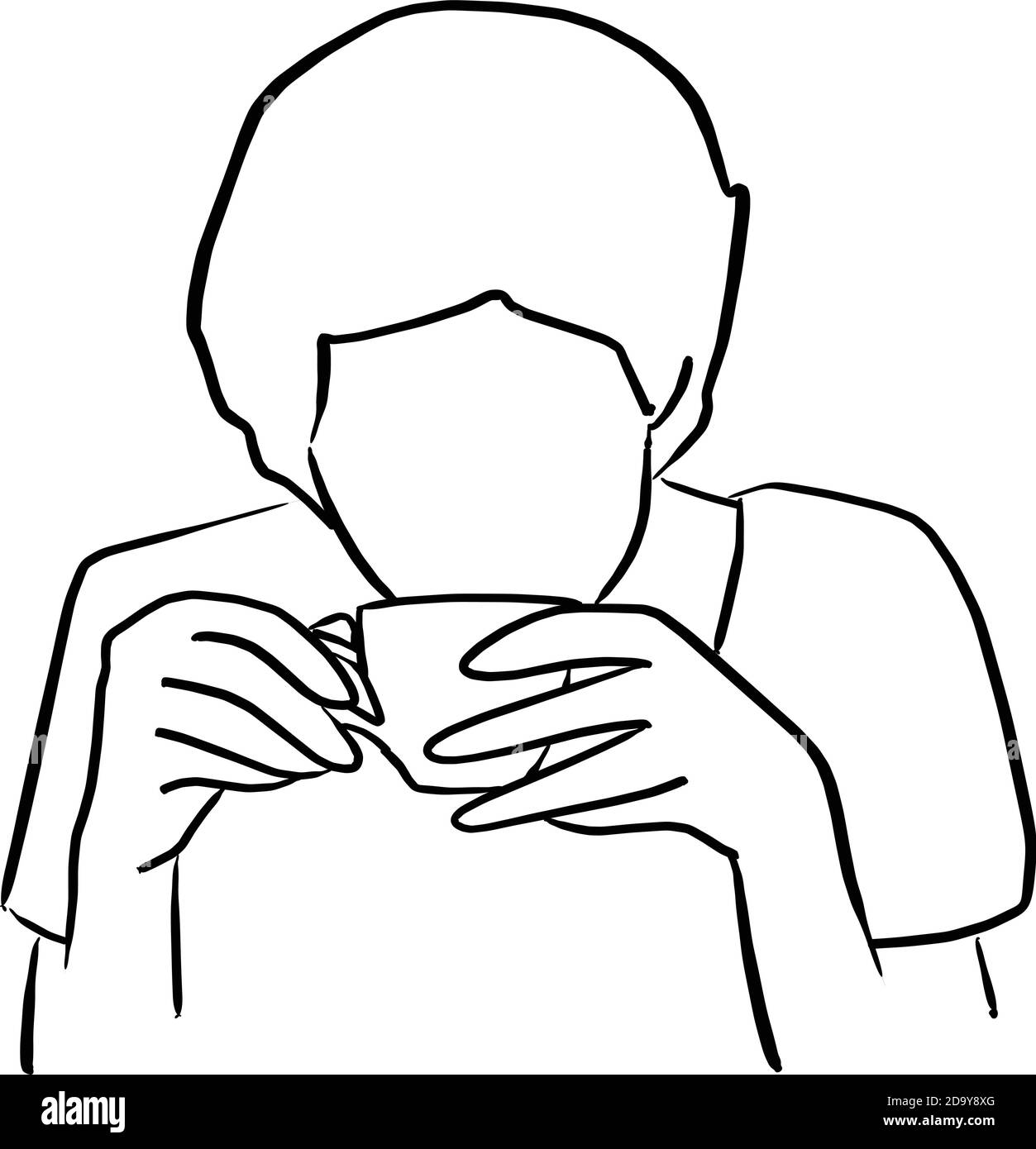 donna che beve caffè dalla tazza vettore illustrazione schizzo doodle disegnata a mano con linee nere isolate su sfondo bianco Illustrazione Vettoriale