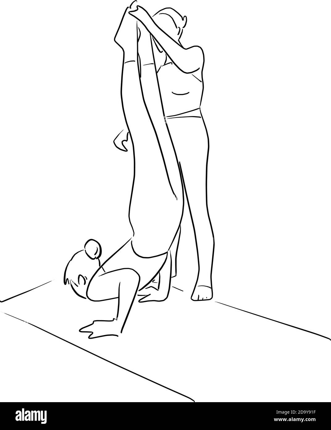 donna fitness che fa yoga con il suo istruttore in camera illustrazione vettoriale con linee nere isolate su sfondo bianco. Illustrazione Vettoriale