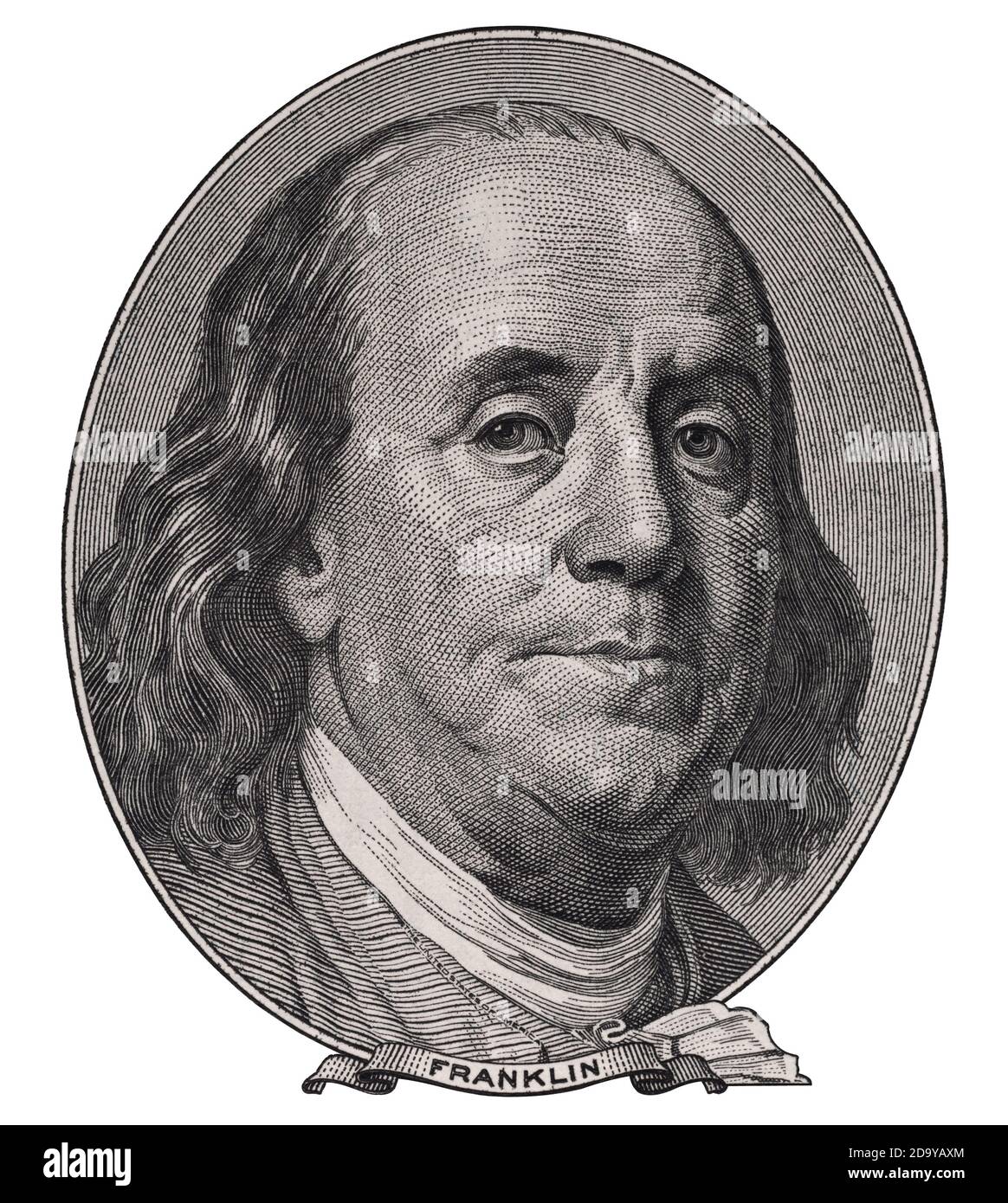 Benjamin Franklin faccia su di noi cento dollari Bill macro isolato, Stati uniti di denaro closeup Foto Stock