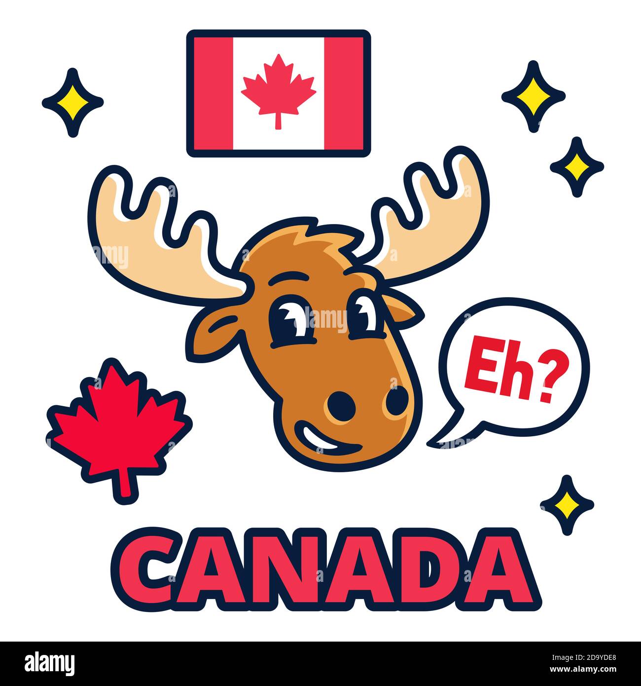Divertente fumetto alce con dire 'EH?' Bandiera canadese e altri simboli nazionali. Insieme di elementi di progettazione Canada Day, illustrazione di clip art vettoriali. Illustrazione Vettoriale