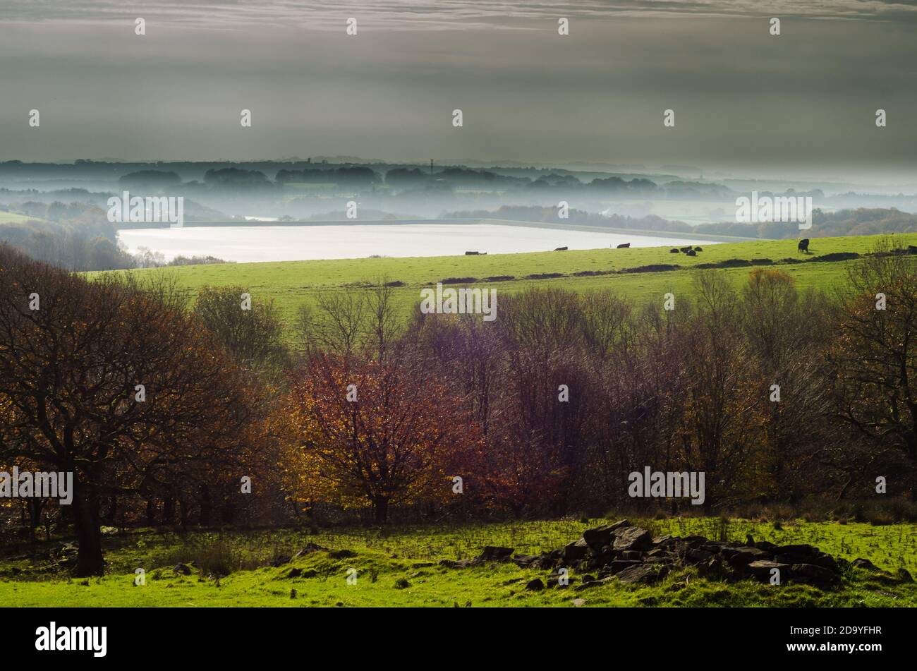 Vista di Yarrow Reservoir Rivington Anglezarke con foschia nebulosa e. I colori autunnali cadono con Blackrod in lontananza Foto Stock