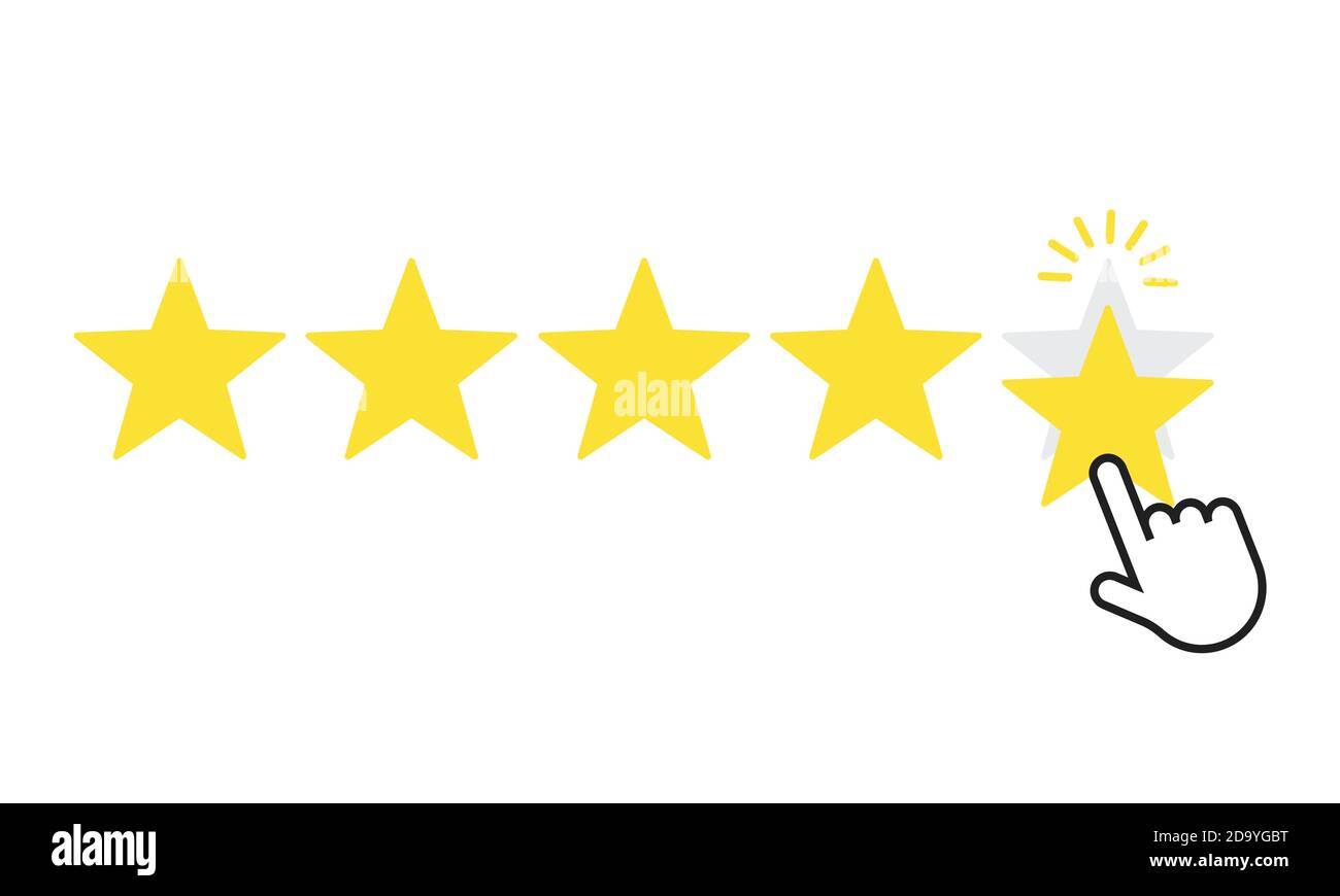 Mano e cinque stelle di valutazione dei clienti. Business successo cinque stelle valutazione feedback posizione. Illustrazione Vettoriale