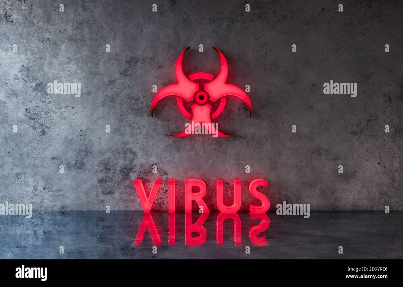 Testo del virus e simbolo di rischio biologico su sfondo concreto. Attenzione pericolo, virus concetto epidemia 3d rendering illustrazione 3d Foto Stock