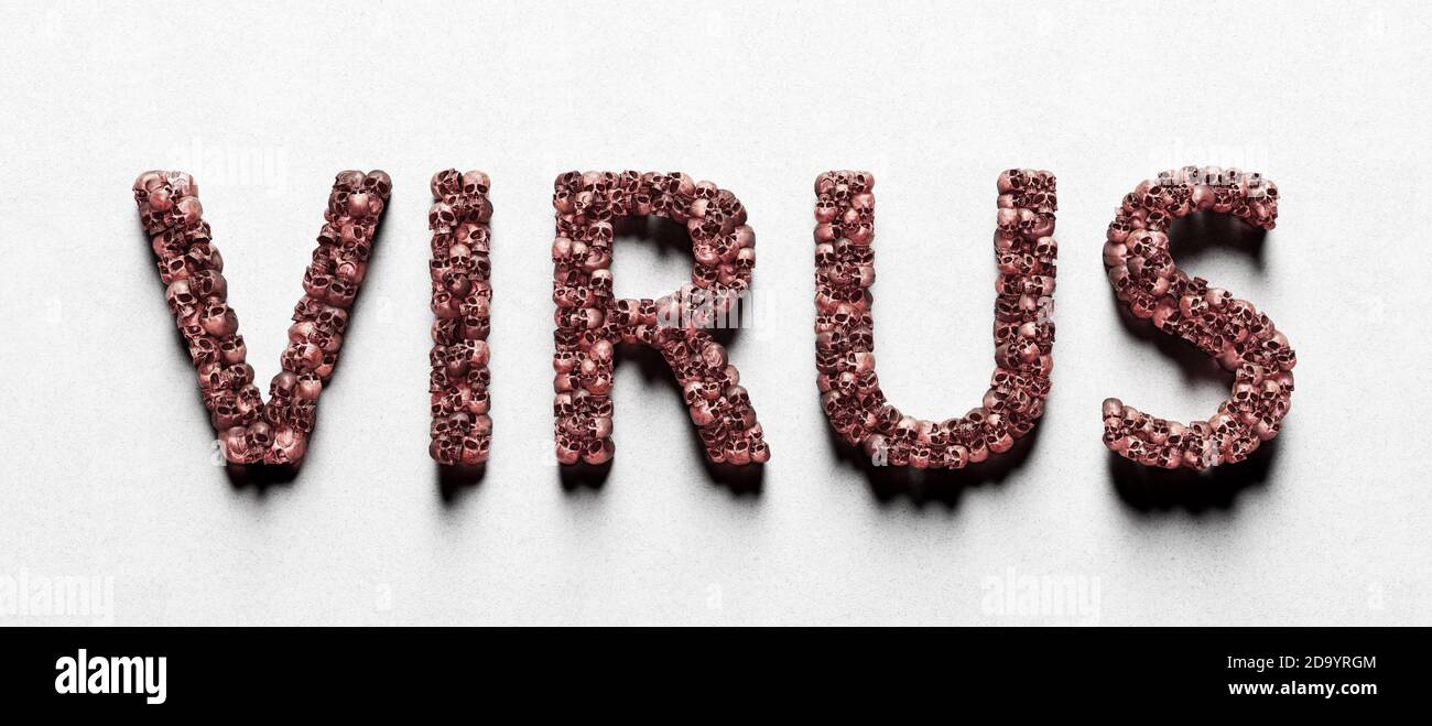 Testo del virus scritto con teschi umani su una superficie bianca. Attenzione pericolo, virus concetto epidemia 3d rendering illustrazione 3d Foto Stock