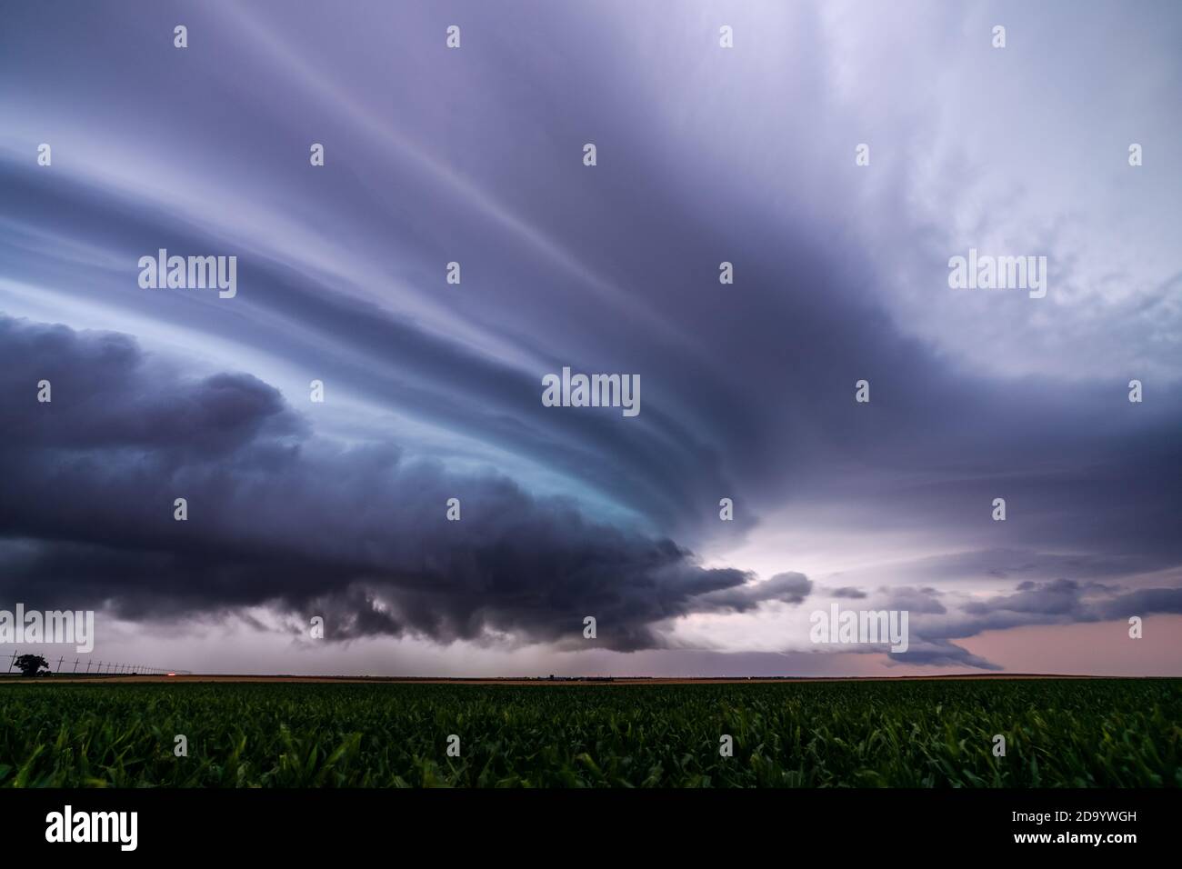 Nuvole drammatiche e tempesta di supersocelle su un campo vicino a Bucklin, Kansas Foto Stock