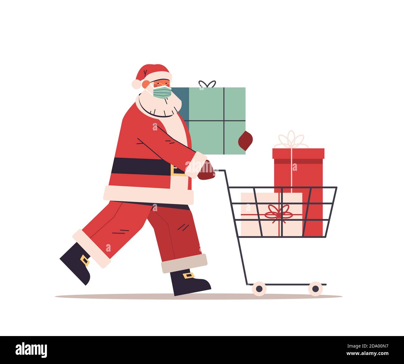 babbo natale in maschera protettiva spingendo carrello carrello pieno di scatole regalo buon anno buon natale festeggiamenti concetto illustrazione vettoriale a lunghezza intera Illustrazione Vettoriale