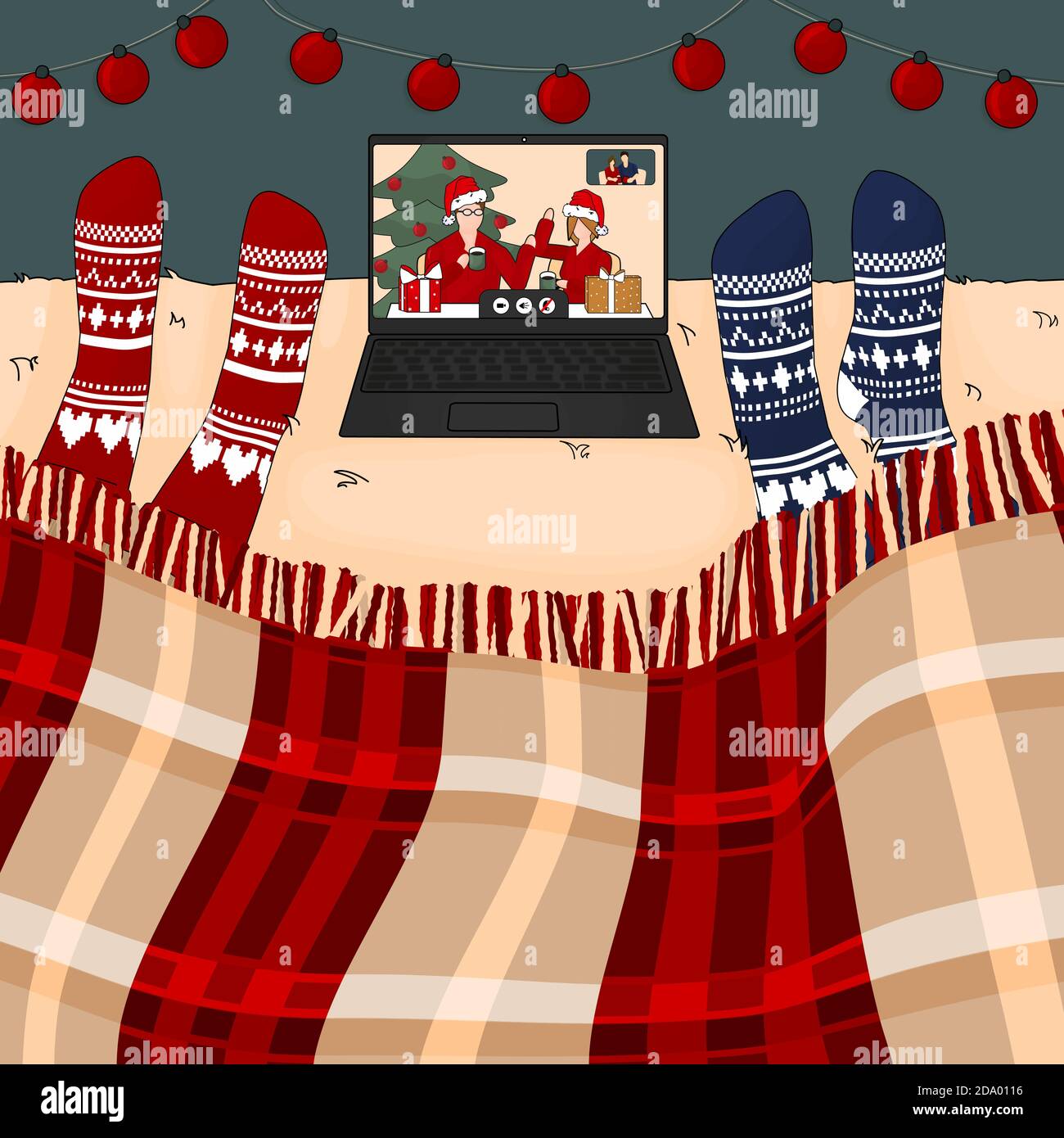 La gente è sul letto con le calze rosse e blu lavorate a maglia. Stanno guardando al computer portatile, è una videochiamata con amici o familiari nel periodo natalizio Illustrazione Vettoriale