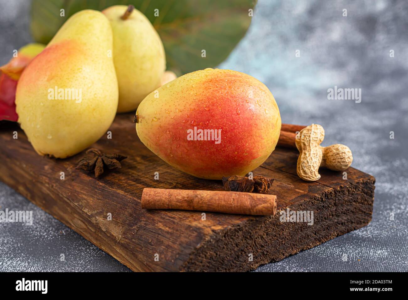 Pere su uno sfondo chiaro. Concetto autunnale. Nelle vicinanze si trovano patatine e noci di pera secca. Spazio di copia. Foto Stock