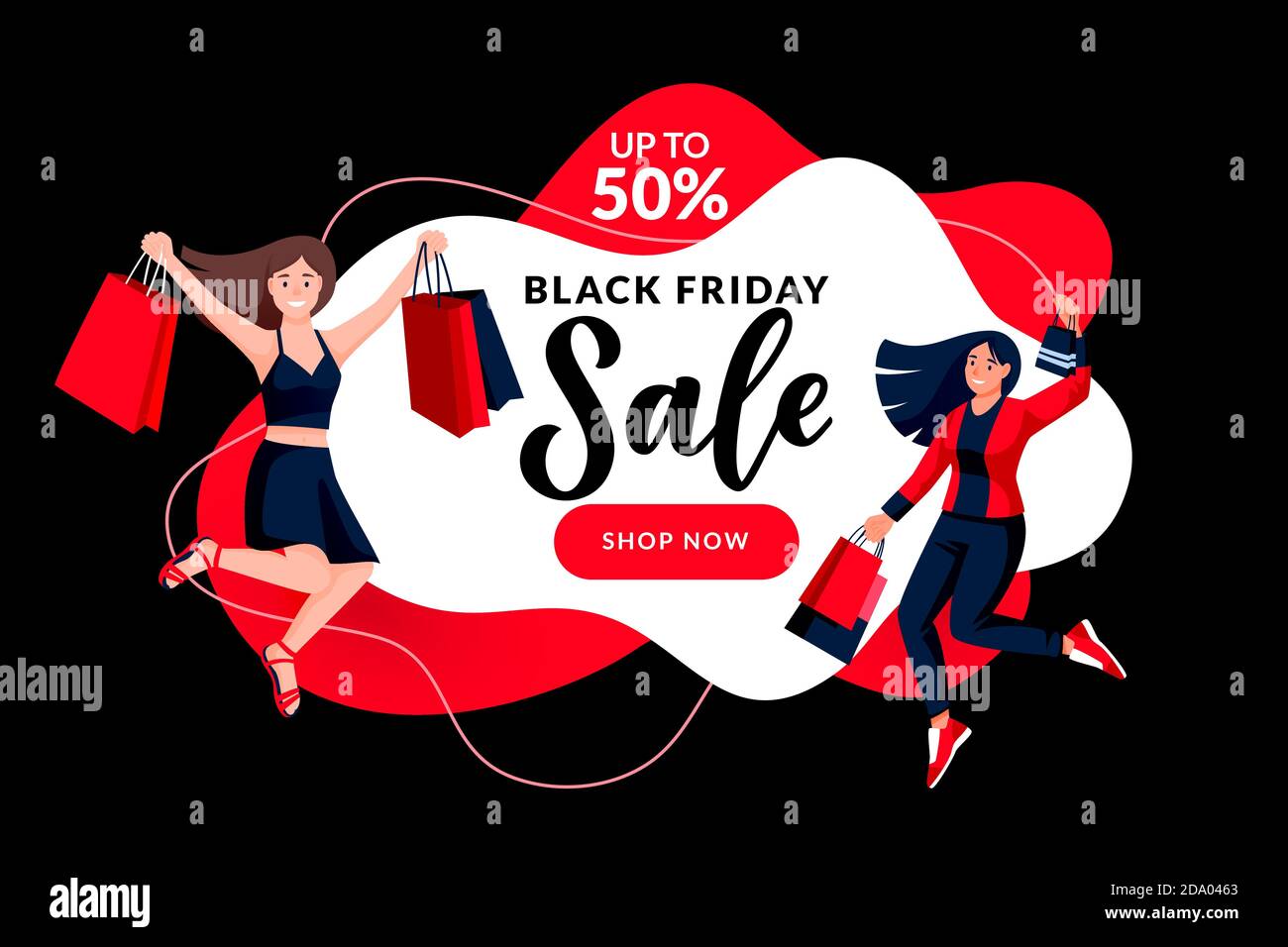 Modello di poster per la vendita stagionale del Black friday. Giovani donne che saltano felici con borse di carta per la spesa. Illustrazione di un cartone piatto vettoriale Illustrazione Vettoriale