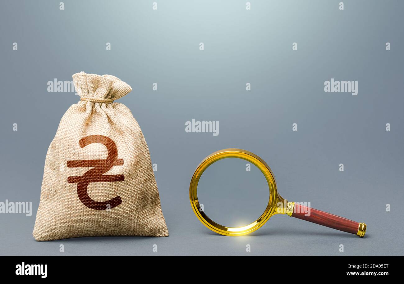 Borsa di denaro ucraino hryvnia e lente d'ingrandimento. Origine del capitale e legalità dei fondi. Condizioni più favorevoli per depositi, prestiti. Au finanziario Foto Stock