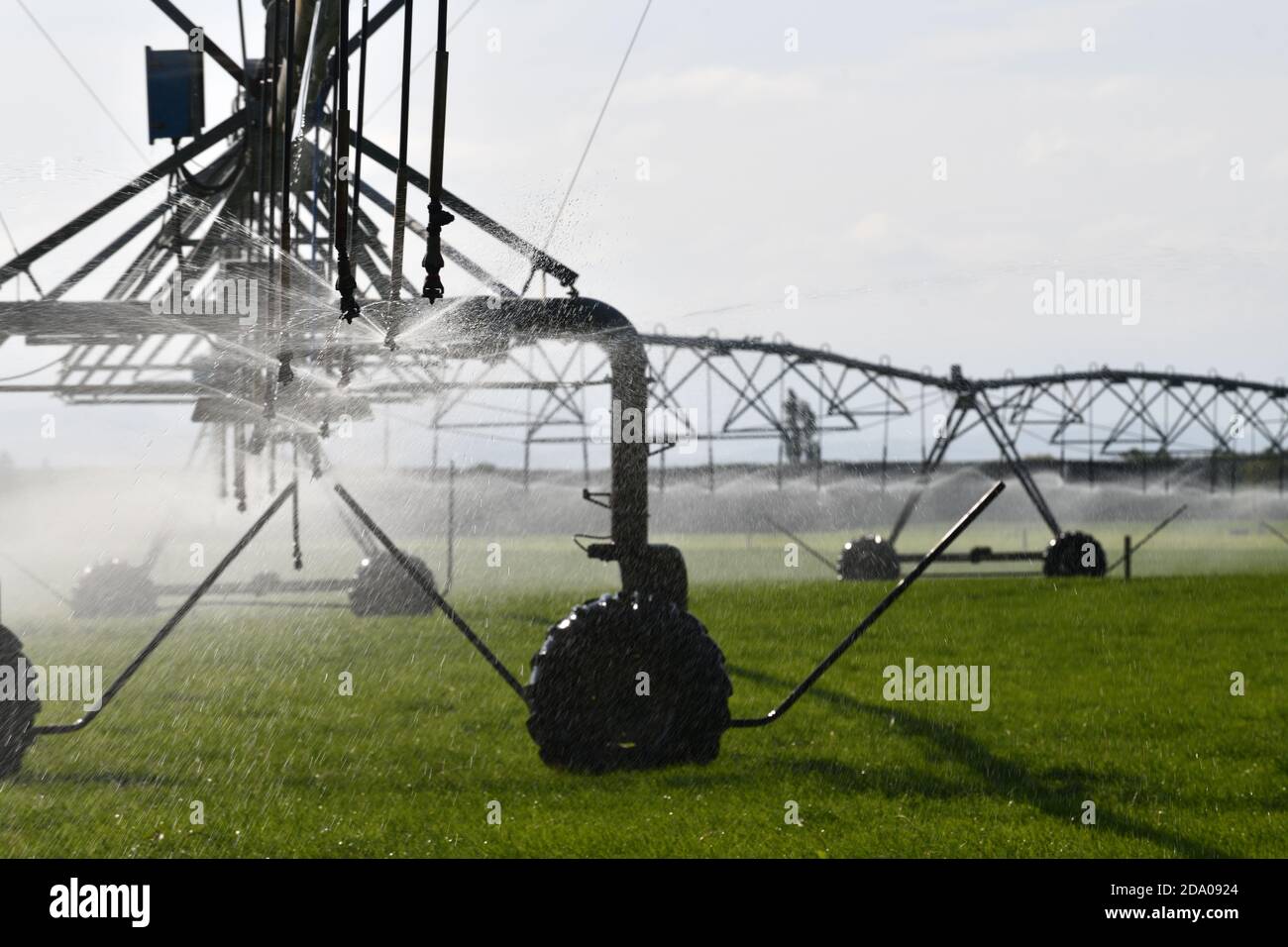 Irrigatori irrigazione pascolo caseario in acqua a Canterbury, Nuova Zelanda, dove l'approvvigionamento idrico è diventato un problema controverso Foto Stock