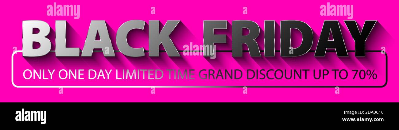 Banner Web orizzontale rosa Black Friday. Testo nero lucido a specchio con cornice dorata sottile su sfondo rosa. Testo in argento nella cornice. Un giorno solo limite Illustrazione Vettoriale