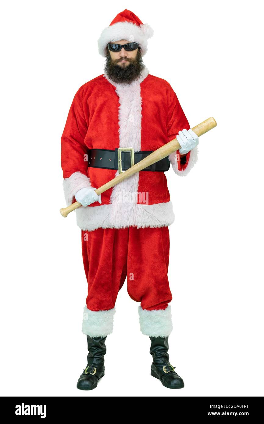 Arrabbiato, aggressivo Babbo Natale tiene mazza da baseball. Babbo Natale tiene la mazza da baseball su sfondo bianco. Natale in arrivo Foto Stock