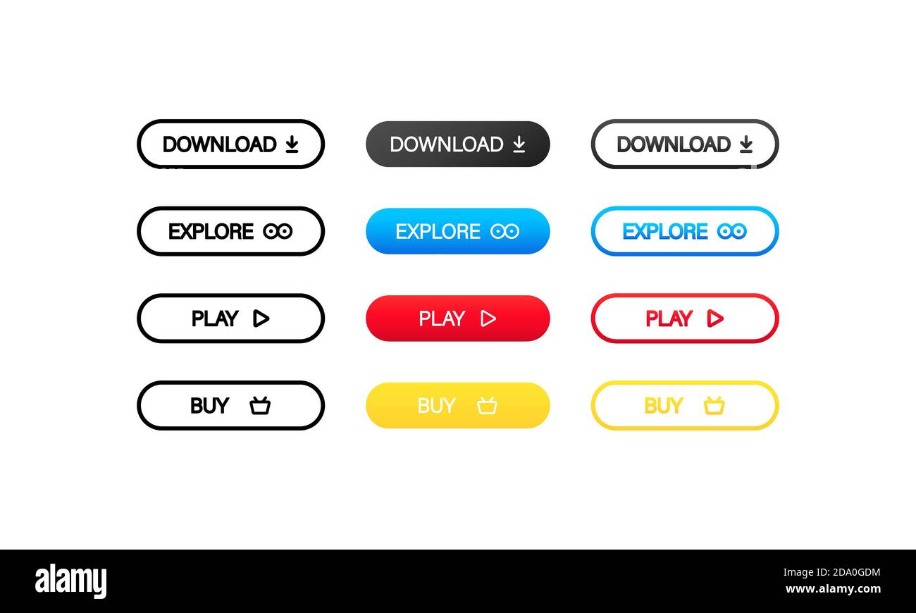 Pulsanti colorati per il download, l'esplorazione, il gioco e l'acquisto di siti Web. Vettore su sfondo bianco isolato. EPS 10 Illustrazione Vettoriale