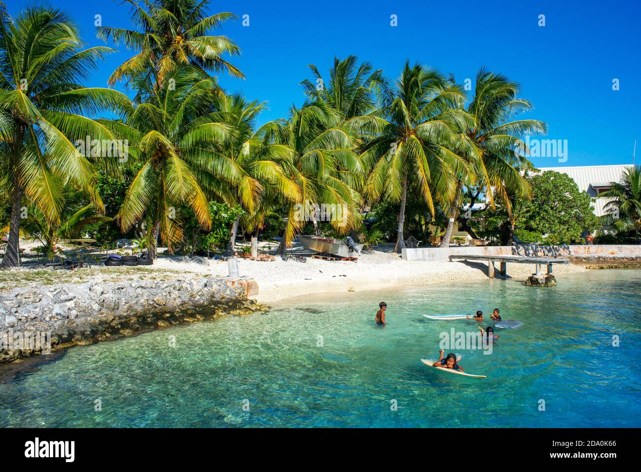 Spiaggia di Rangiroa, Isole Tuamotu, Polinesia Francese, Sud Pacifico. Foto Stock