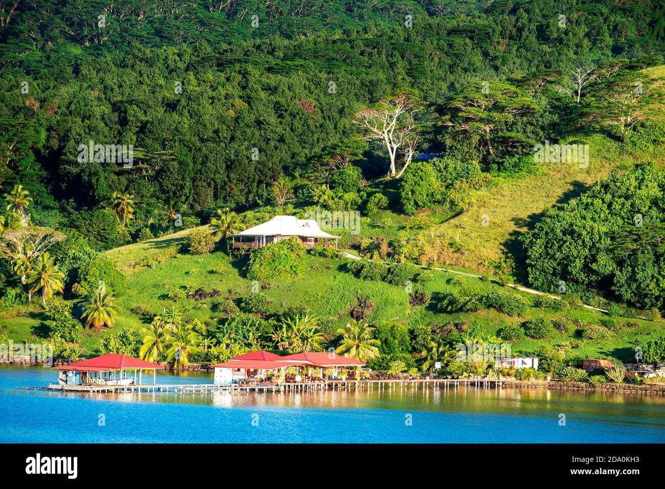 Piccolo molo nella baia di Haamene a Tahaa, Polinesia francese, Isole della Società, Isole del Pacifico, Pacifico. Foto Stock
