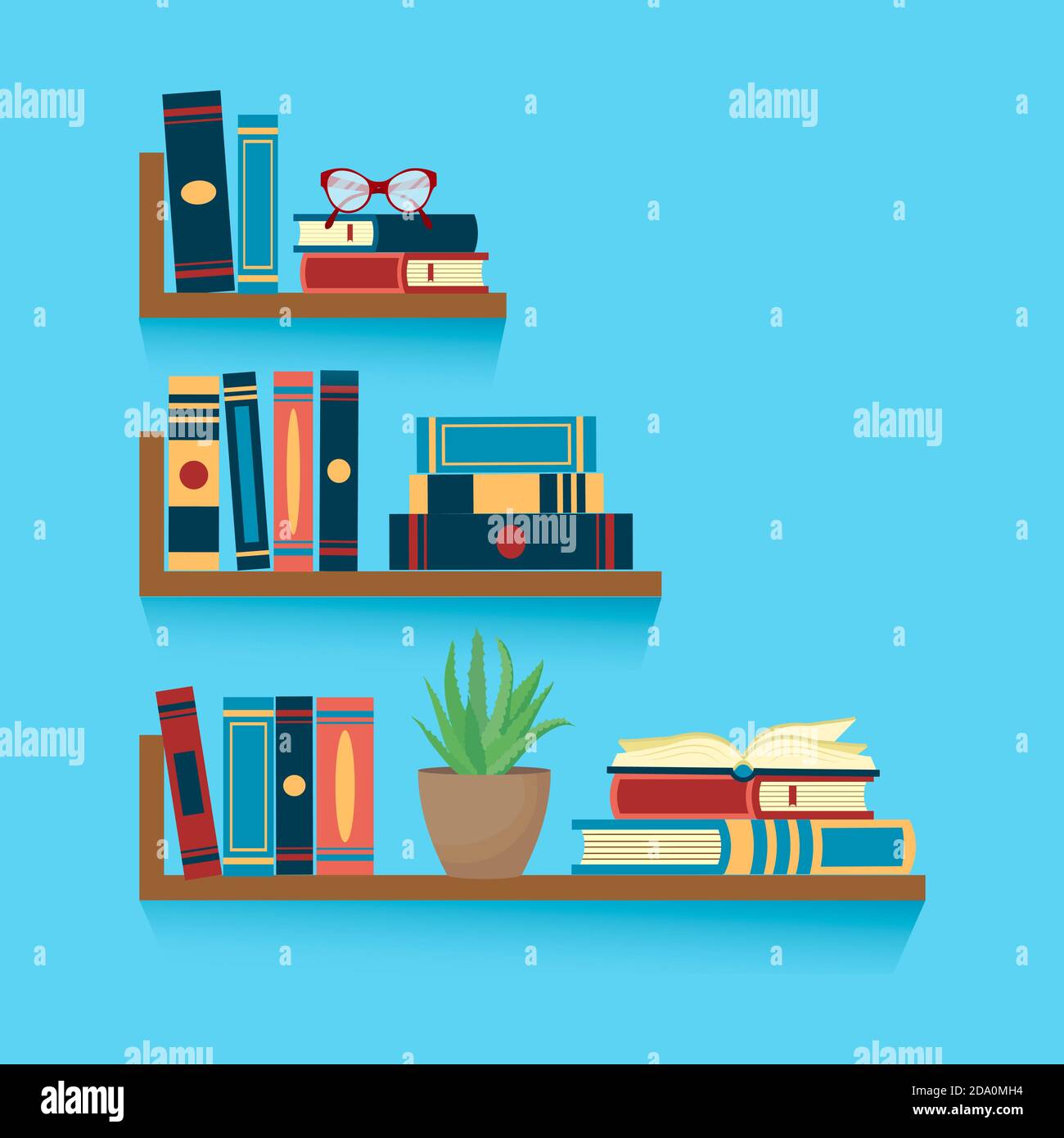 Set di librerie con pile di libri, bicchieri, aloe vera houseplant su sfondo blu. Istruzione o libreria Concept.Vector illustrazione piatta Foto Stock