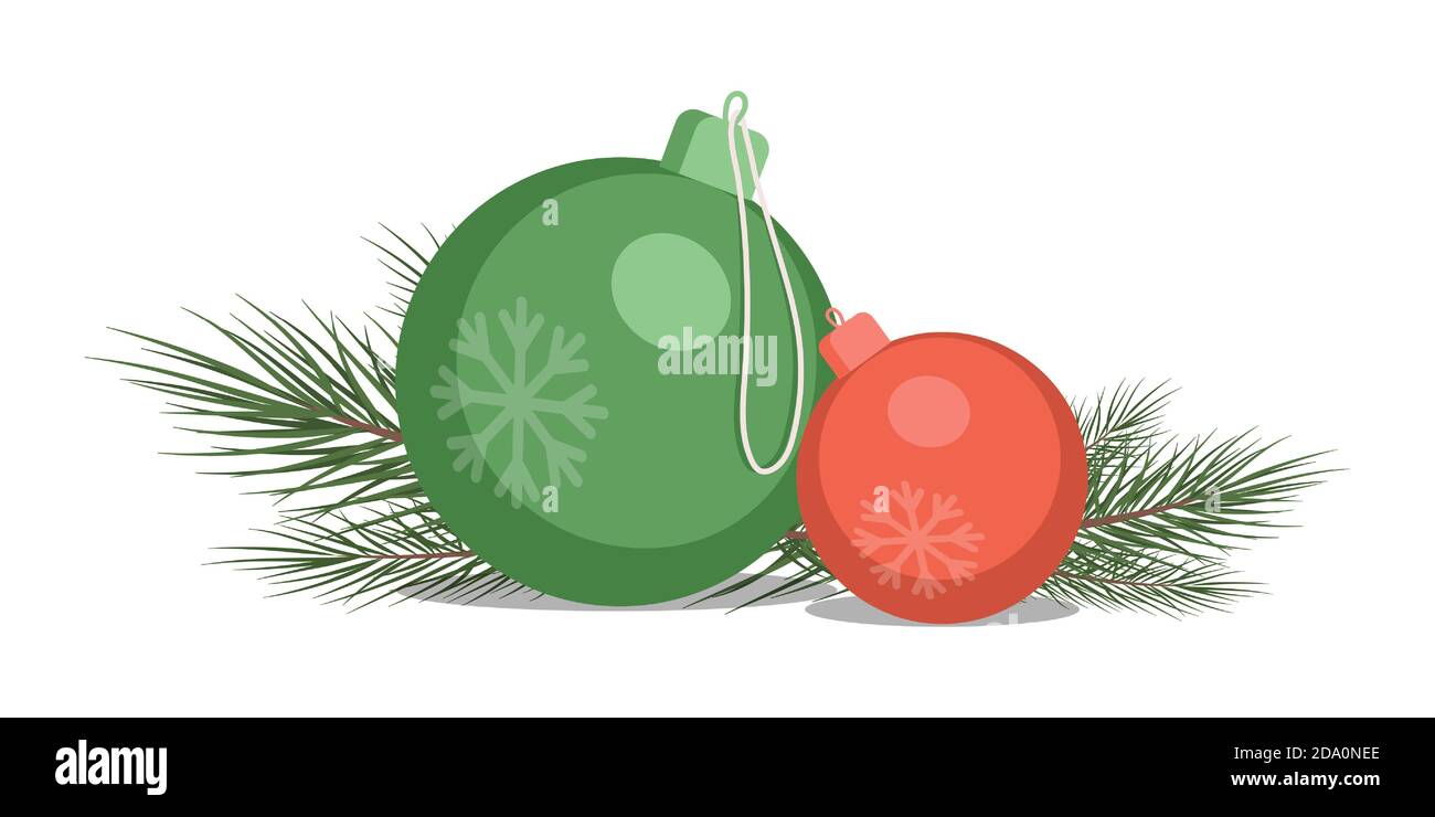 Allegro auguri natalizi elementi del biglietto isolato su sfondo bianco. Albero di Natale, decorazione palle, e rami vettore illustrazione piatta. Happy New Year Concept per poster di invito. Illustrazione Vettoriale