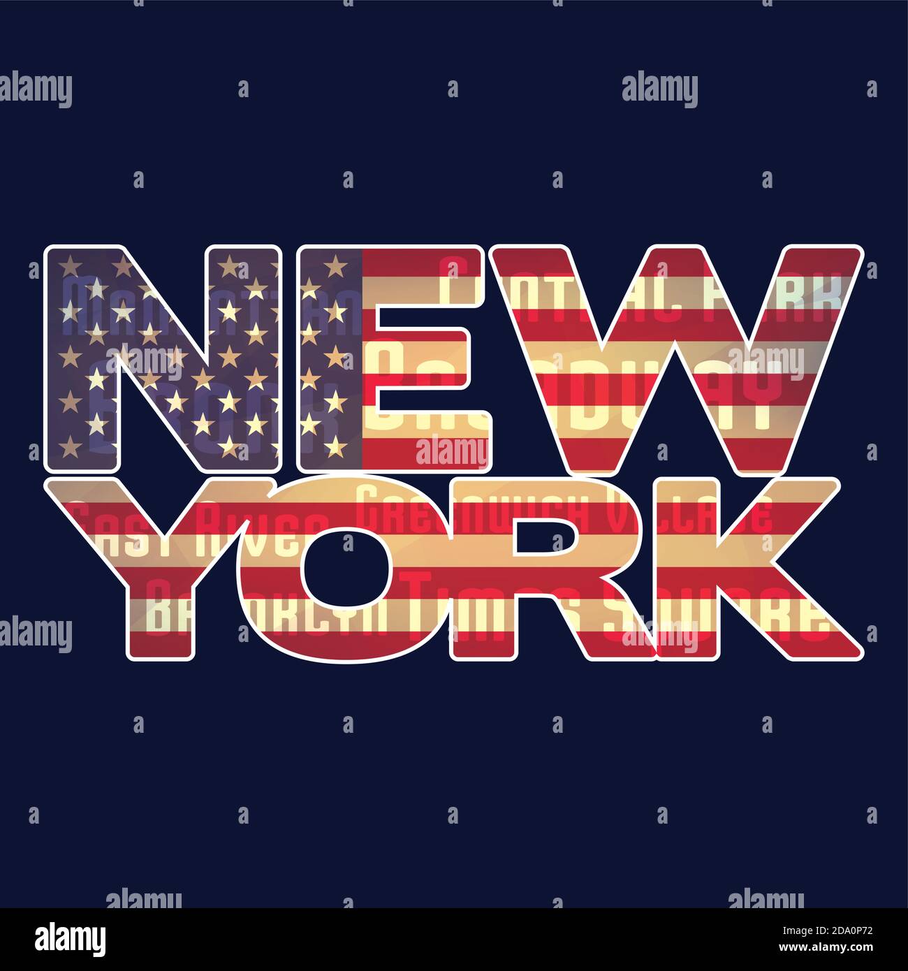 Emblema con bandiera americana e tipografia 'New York' su sfondo blu scuro. Etichetta per t-shirt. Disegno vettoriale grafico. Colori CMYK Illustrazione Vettoriale