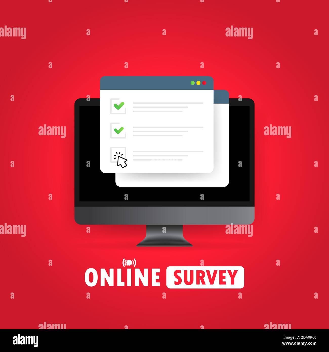 Illustrazione del sondaggio online. Controllare il modulo online dell'elenco sul computer. Report sul sito Web o sondaggio su Internet. Finestra del browser con segni di spunta. Vettore attivo Illustrazione Vettoriale