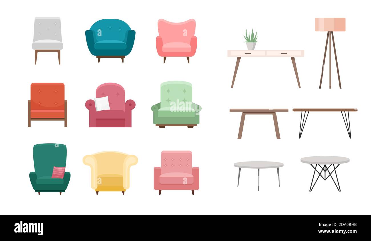 Set di illustrazioni vettoriali per sedie e tavoli. Design piano Cartoon di mobili, moderna poltrona accogliente in diversi colori, arredamento interno soggiorno Illustrazione Vettoriale