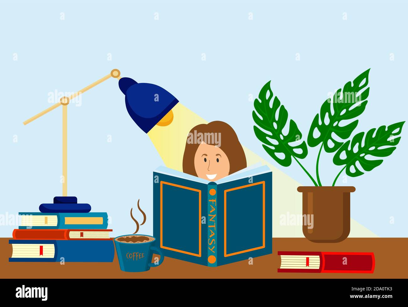 La donna sta leggendo il libro, vicino alla pila dei libri, la pianta della casa, il cofanetto e la lampada della tabella. Conoscenza, educazione, studio del concetto. Immagine piatta vettoriale. Illustrazione Vettoriale