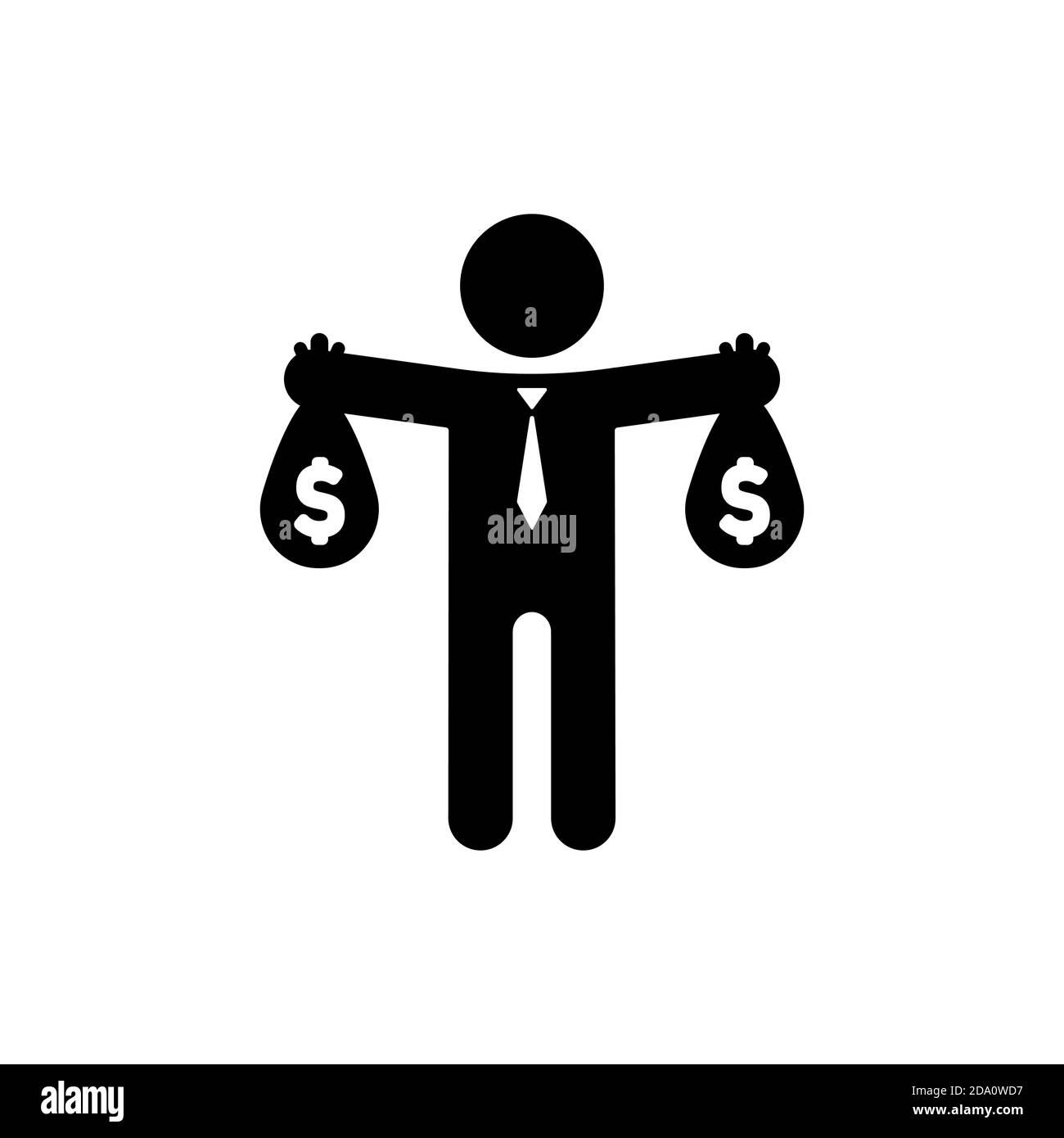Uomo d'affari che tiene borsa di denaro in mani icona in nero. Vettore su sfondo bianco isolato. EPS 10 Illustrazione Vettoriale