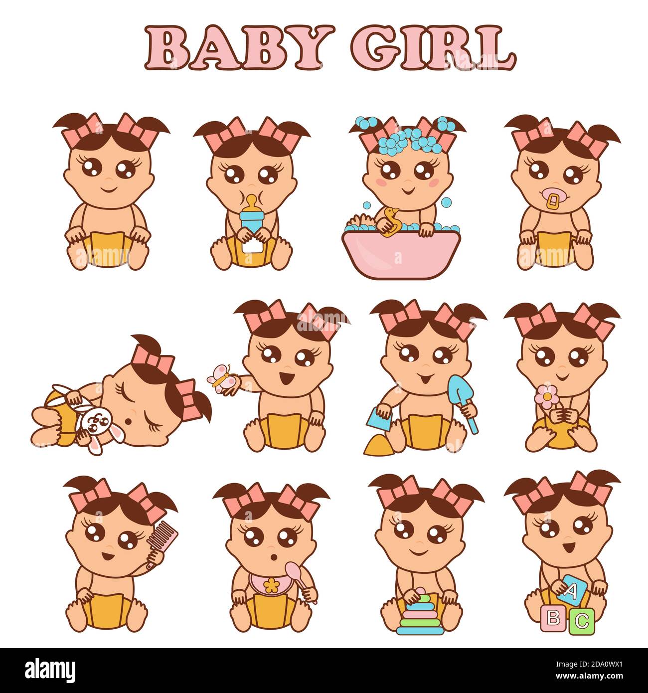 Illustrazione vettoriale del set della bambina. Ragazze carine in varie pose ed emozioni in stile piatto. Illustrazione Vettoriale