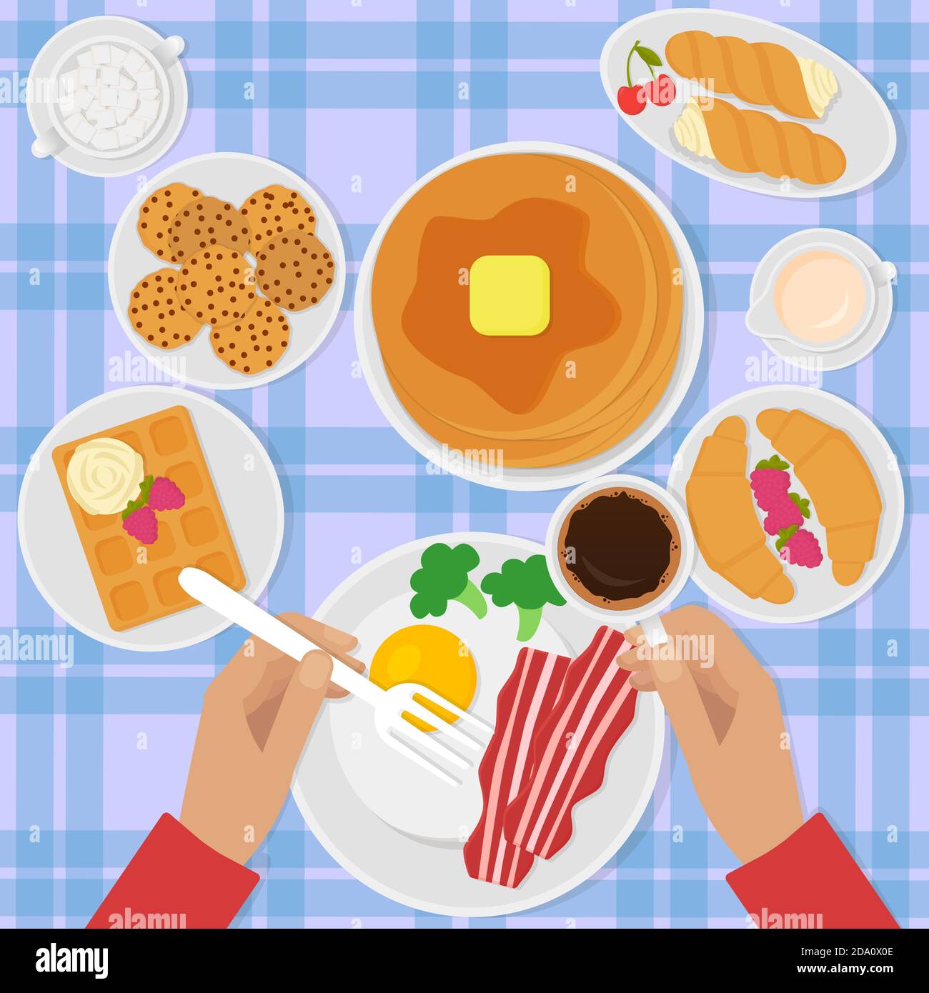 Colazione vista dall'alto illustrazione vettoriale in stile piatto con uova strapazzate, pancetta, pancake, caffè e dolci. Illustrazione Vettoriale