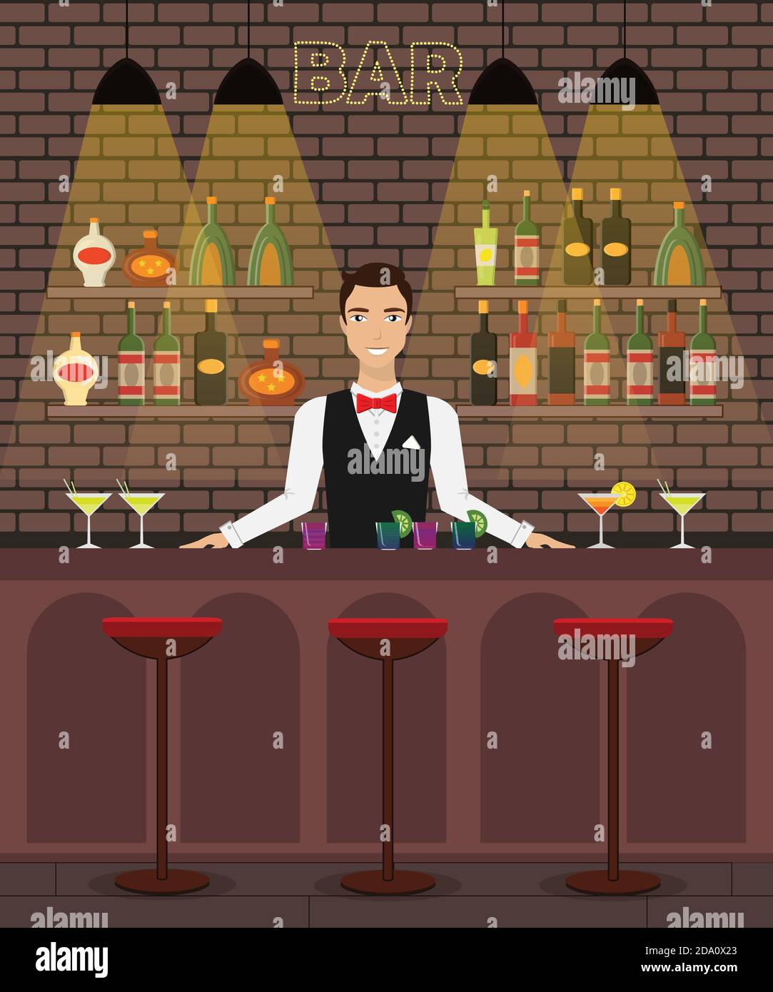 Bar, pub interno piatto illustrazione vettoriale con bottiglie, bicchieri, cocktail. Uomo barman al bar con vino, anfolo sogna. Illustrazione Vettoriale