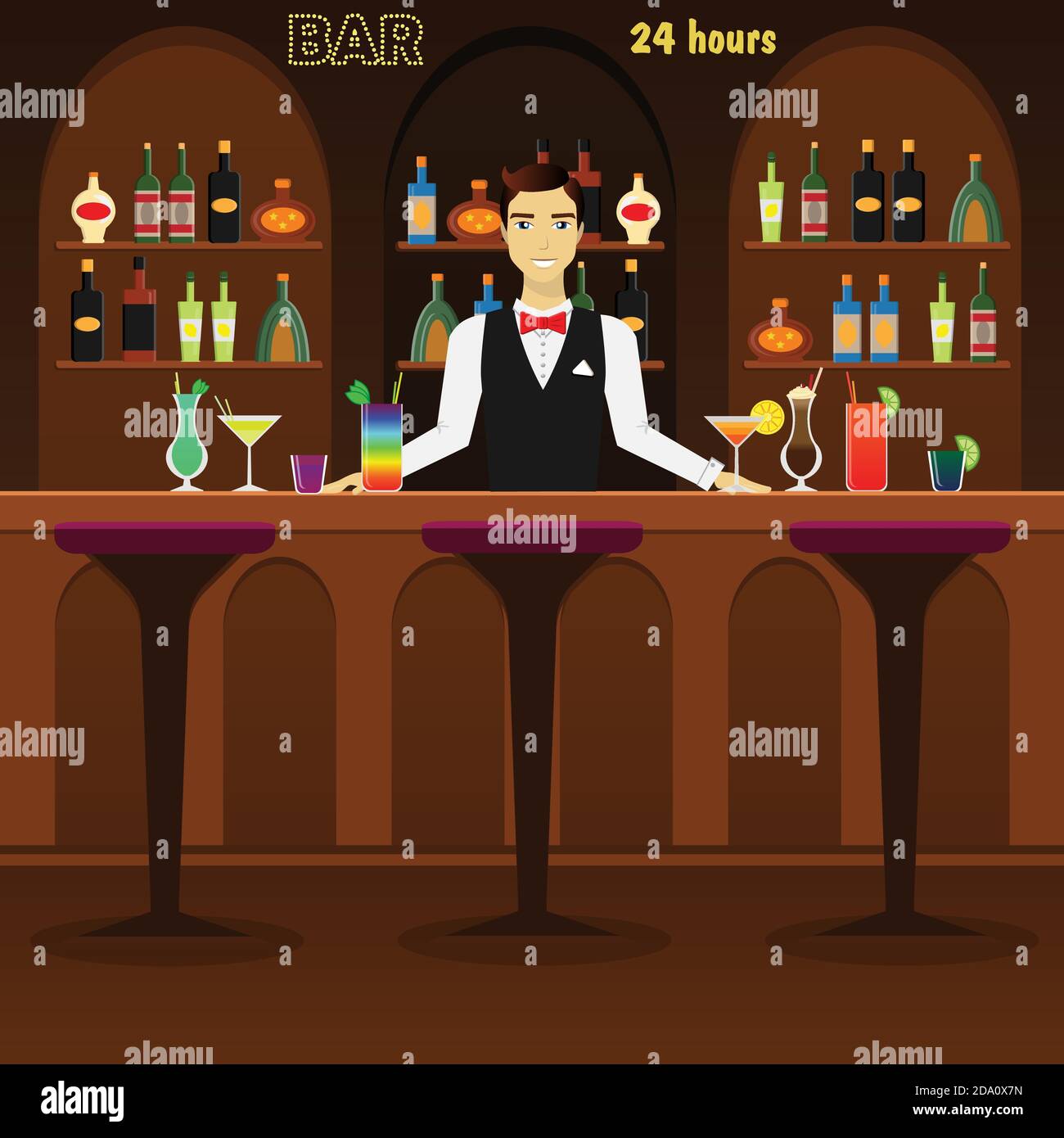 Bar, pub interno piatto illustrazione vettoriale con bicchieri, bottiglie, cocktail e vino. Uomo barman al bar con sognatori di alcol. Illustrazione Vettoriale