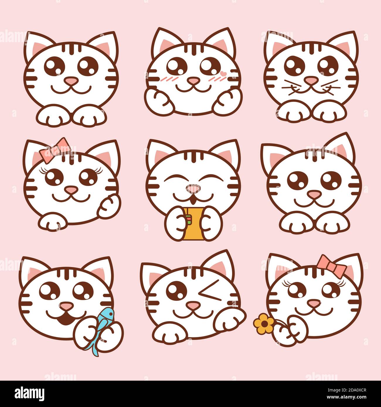 Illustrazione vettoriale insieme di icone simpatici gatti. Adesivi per gattini dolci in stile piatto. Illustrazione Vettoriale