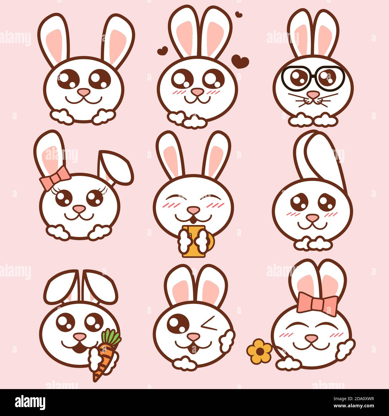 Illustrazione vettoriale simpatico conigli icone set. Adesivi per conigli dolci in stile piatto. Illustrazione Vettoriale