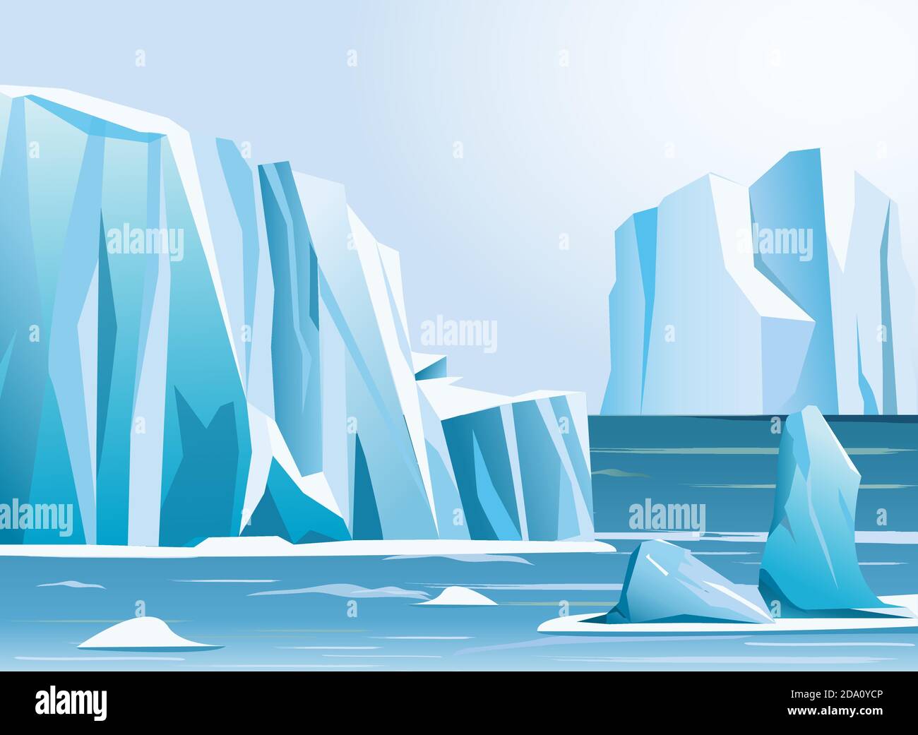 Illustrazione vettoriale paesaggio artico iceberg e montagne. Sfondo invernale. Illustrazione Vettoriale