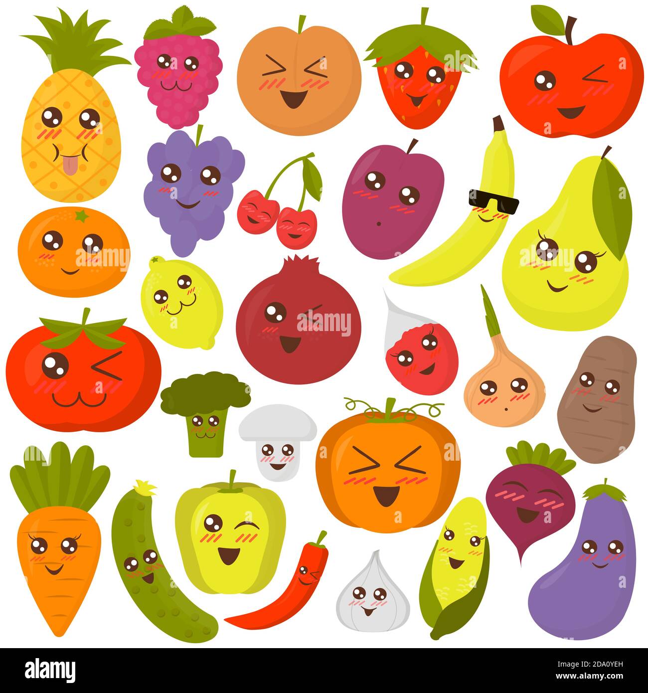 Cute verdure e frutta illustrazione vettoriale. Adesivi colorati in stile piatto. Illustrazione Vettoriale