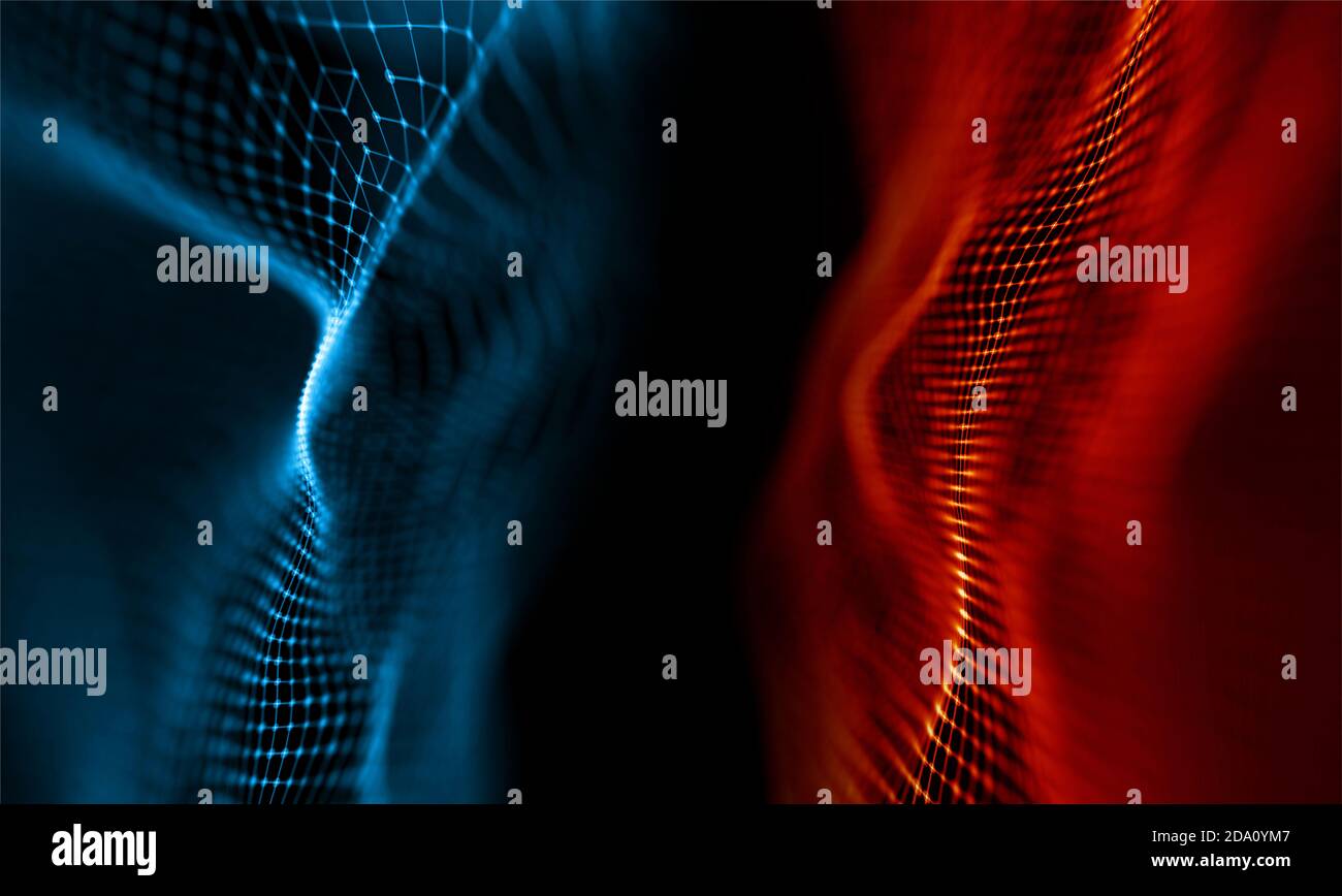 Sfondo blu e rosso. Tecnologia Light Data TECH DOT. Rendering 3D. Foto Stock