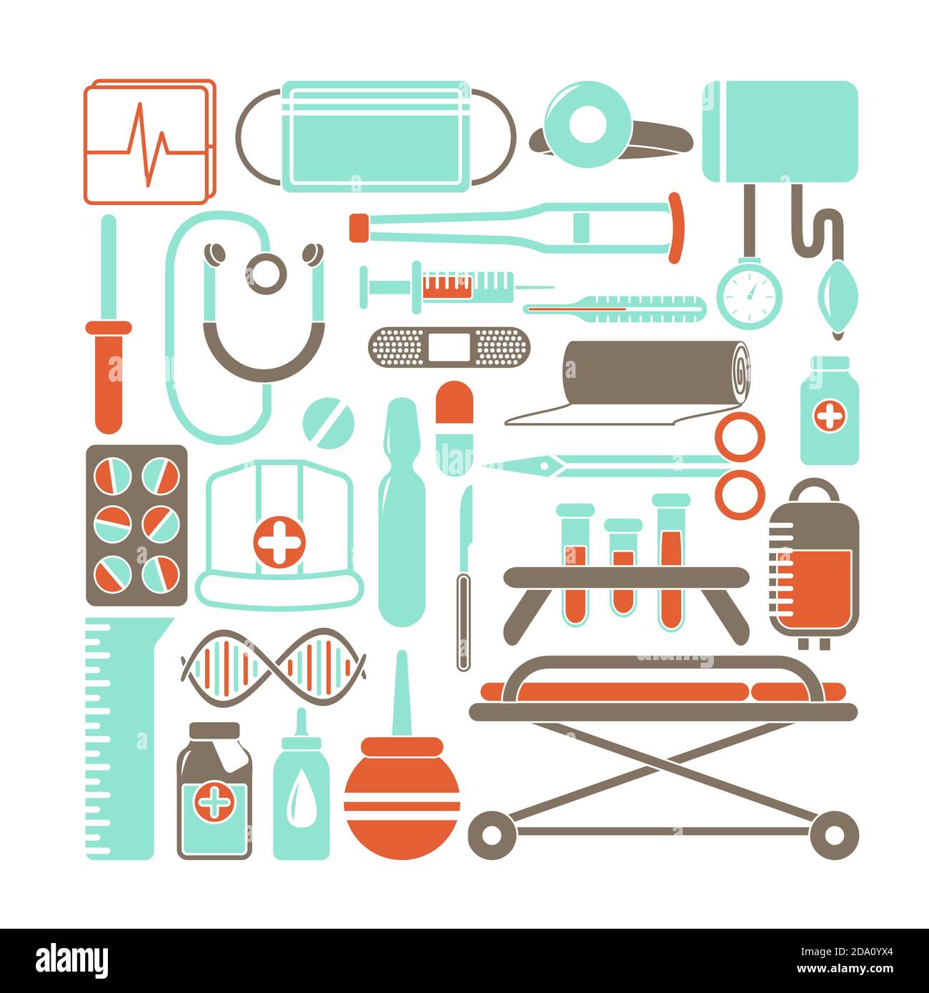 Illustrazione vettoriale delle icone della salute e della medicina impostate in stile piatto cartoon. Illustrazione Vettoriale