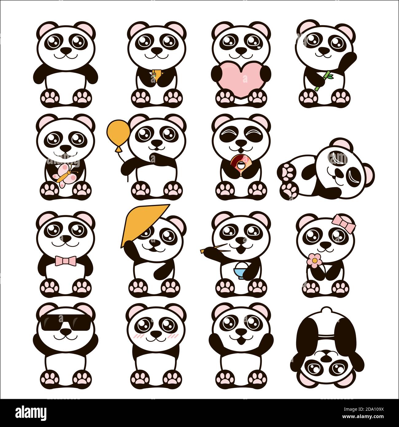 Illustrazione vettoriale di carino pandas. Adesivi Happy Panda in stile piatto. Illustrazione Vettoriale