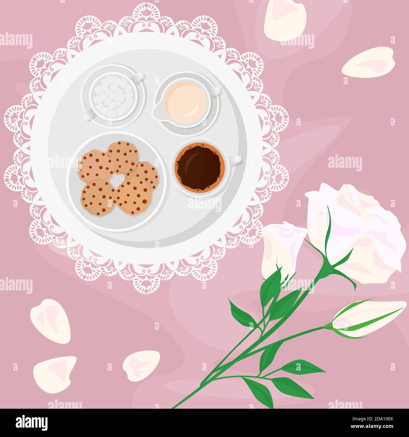 Illustrazione vettoriale di caffè, latte, zucchero e dolci del mattino a letto con fiori e biscotti con gocce di cioccolato, su fondo rosa in piano Illustrazione Vettoriale