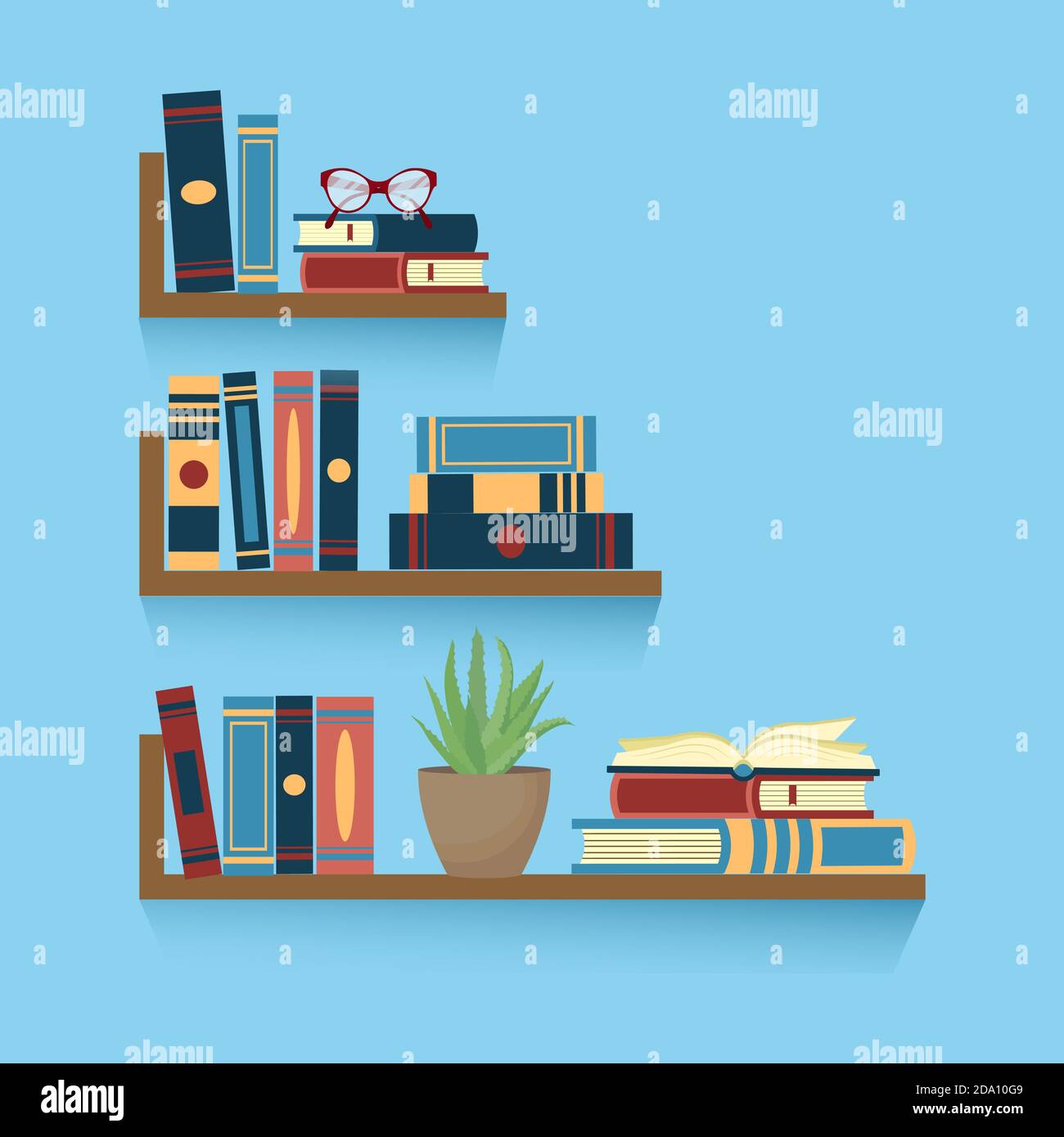 Set di librerie con pile di libri, bicchieri, aloe vera houseplant su sfondo blu. Istruzione o libreria Concept.Vector illustrazione piatta. Illustrazione Vettoriale
