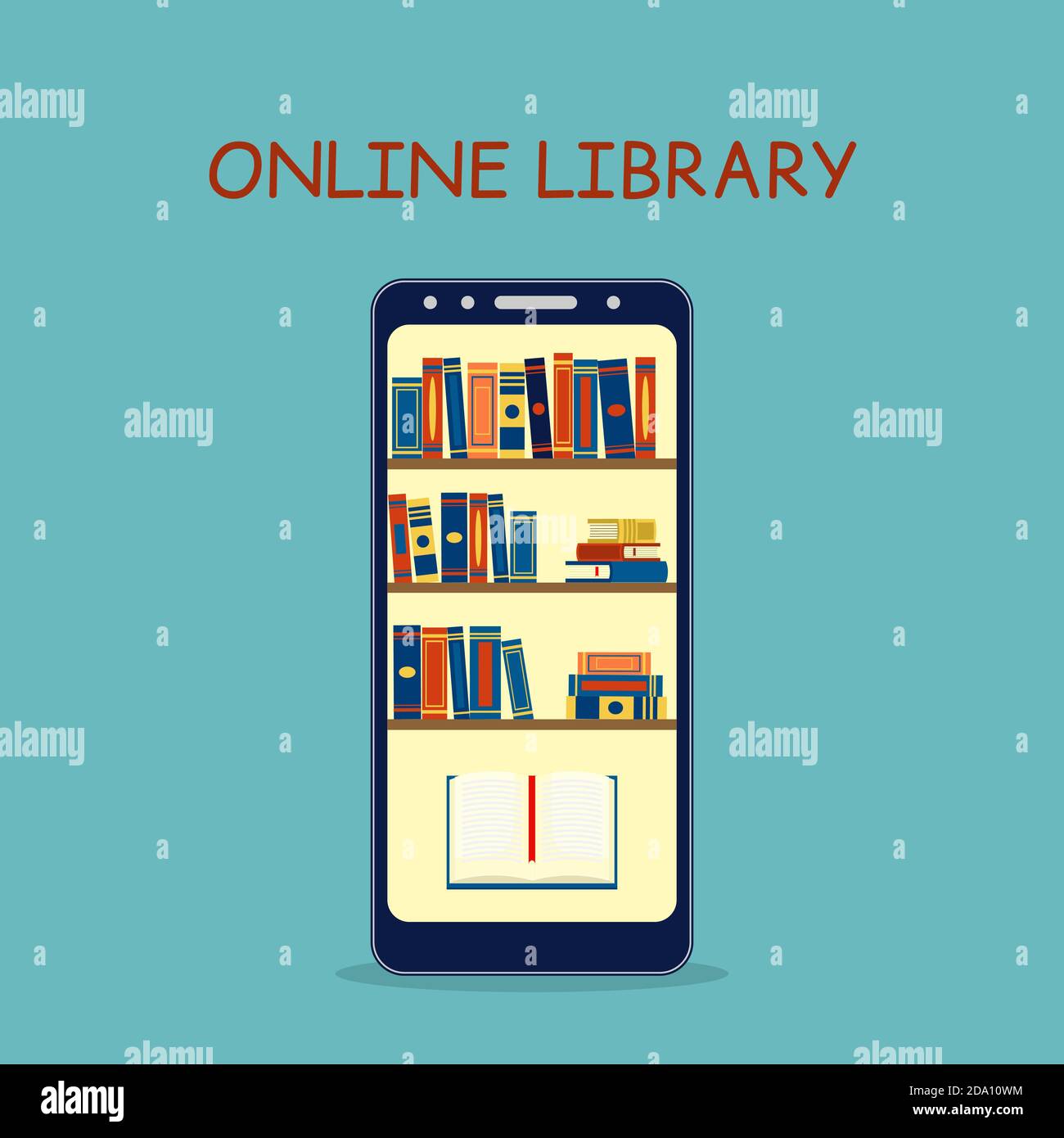 Libreria elettronica online sullo schermo del telefono cellulare. Librerie con libri su smartphone. Concetto di istruzione. Immagine piatta vettoriale. Illustrazione Vettoriale