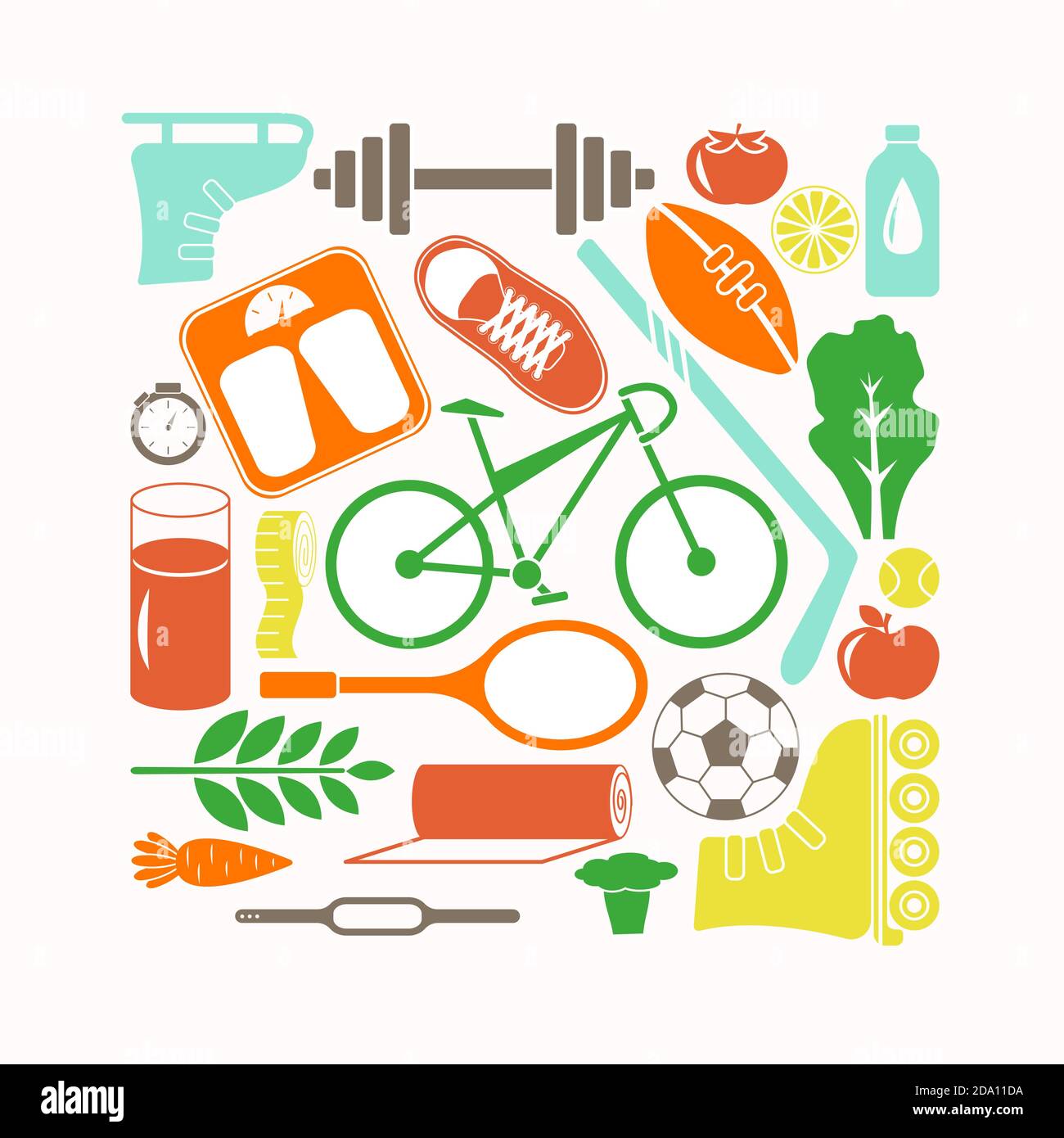 Stile di vita sano e icone sportive impostare l'illustrazione vettoriale in stile piatto cartoon. Illustrazione Vettoriale