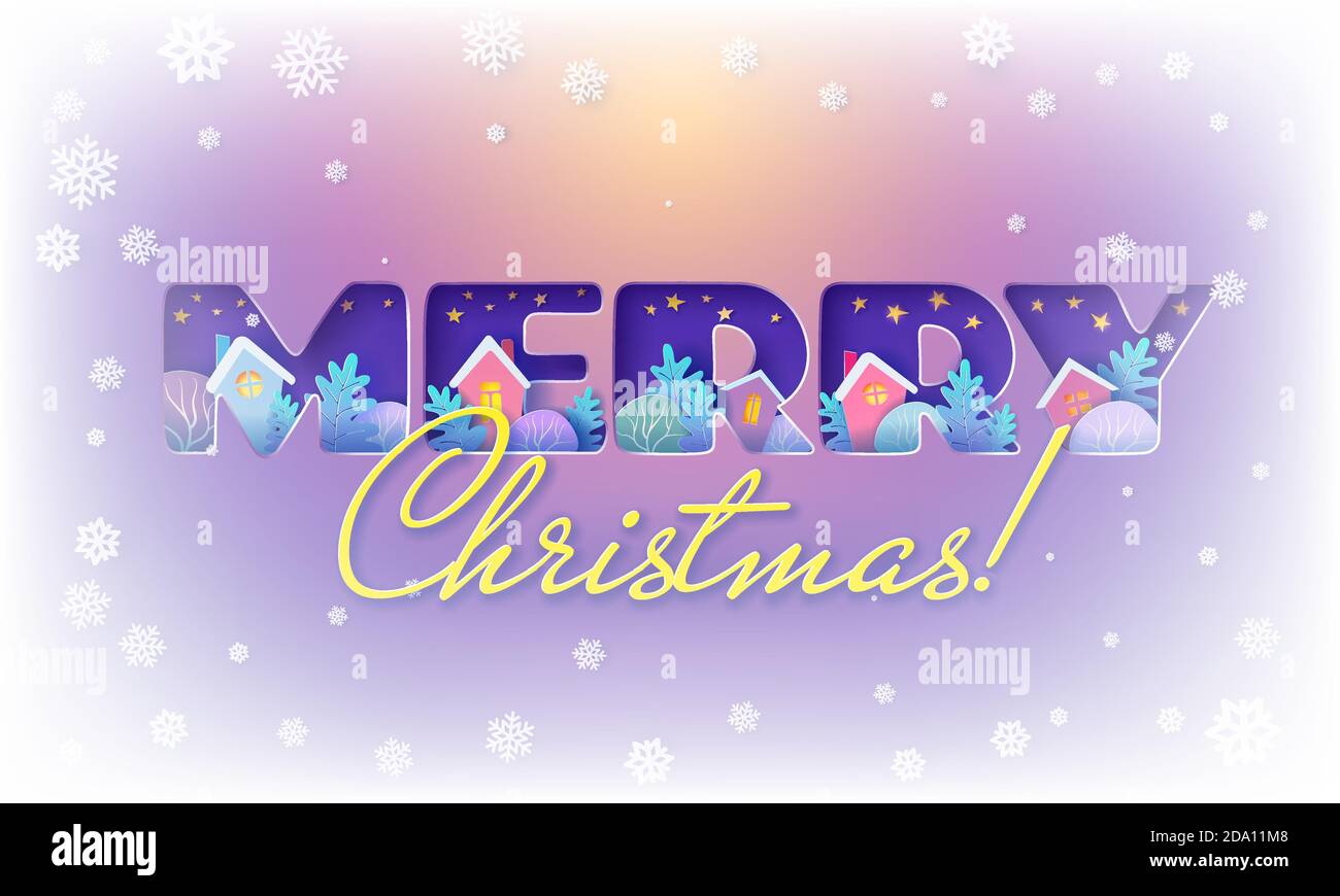 Inverno campagna paesaggio villaggio con case, alberi di pino all'interno lettere blu buon Natale e Capodanno sfondo. Illustrazione vettoriale di stile d'arte di taglio di carta della stagione di Natale Illustrazione Vettoriale