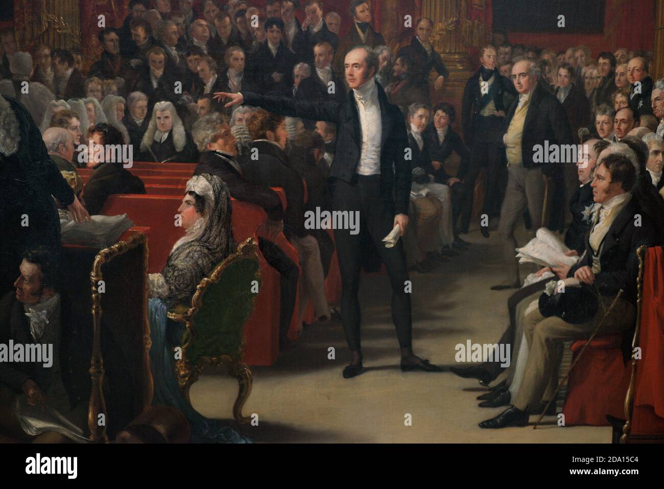 La Casa dei Lord, 1820. Il processo della regina Caroline. Dipinto di Sir George Hayter (1792-1871). Olio su tela, 1820-1823. Dettaglio. Ritratto: Regina Caroline (1768-1821), seduto; Charles Grey (1764-1845), 2° Earl Grey (in piedi, puntando le dita). National Portrait Gallery. Londra, Inghilterra, Regno Unito. Foto Stock