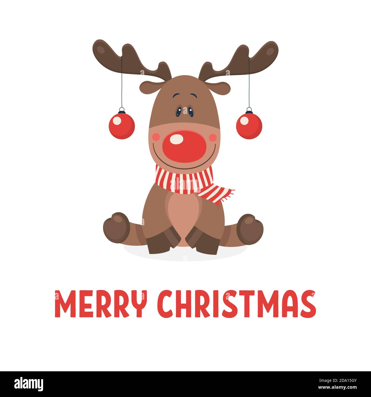 Buon Natale cartolina. Vettore Natale renna carino con palle di Natale sui corni su bianco. Stile piatto. Modello di disegno per Natale allegro Illustrazione Vettoriale