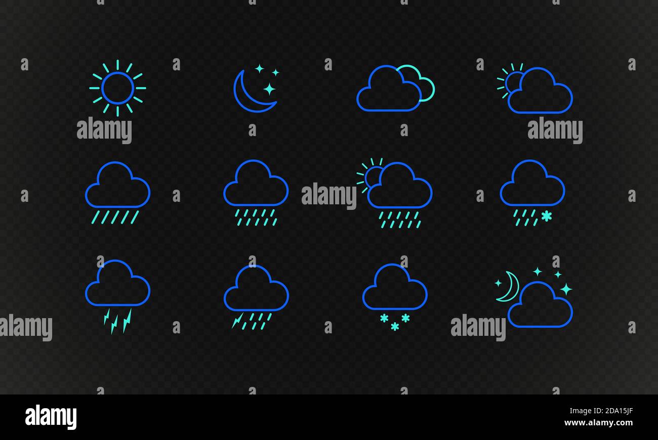 Icona meteo impostata. Soleggiato, nuvoloso, nevoso, segno piovoso. Vettore su sfondo isolato. EPS 10 Illustrazione Vettoriale