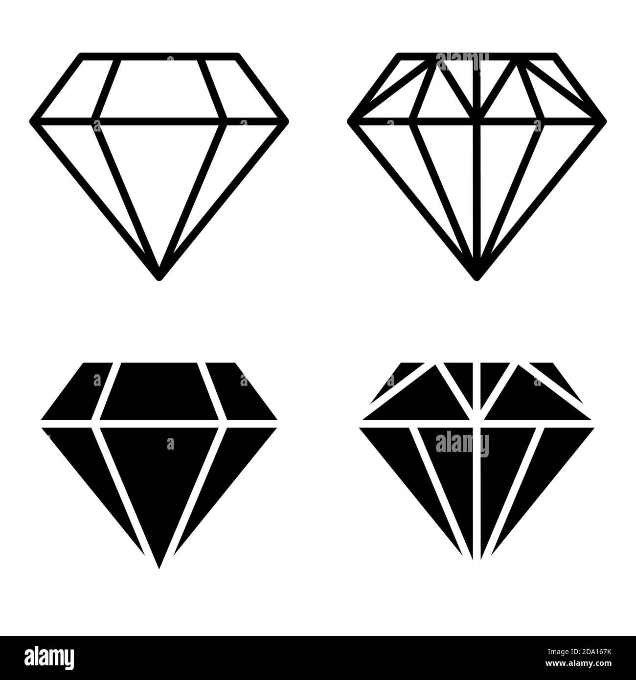 Set di icone a rombo. Quattro pietre gemme simboli isolati su sfondo bianco. Illustrazione Vettoriale