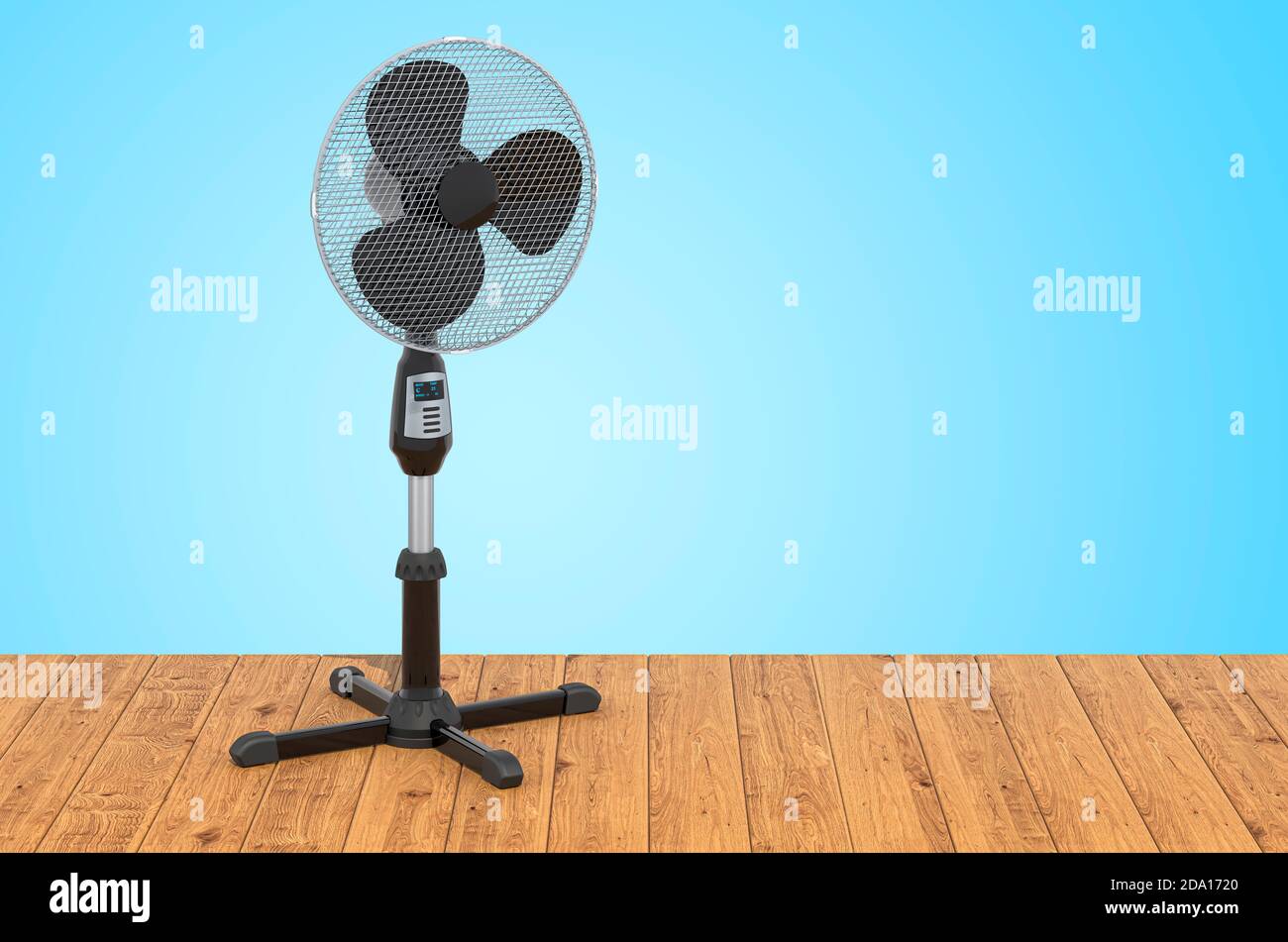 Ventilatore elettrico a piedistallo sulle tavole di legno, rendering 3D Foto Stock