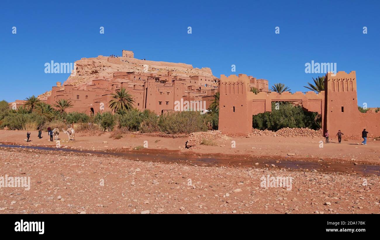 I turisti scattano foto con un cammello sotto lo storico ksar Ait Benhaddou moresco, sito patrimonio dell'umanità dell'UNESCO, con edifici storici a forma di cammello. Foto Stock