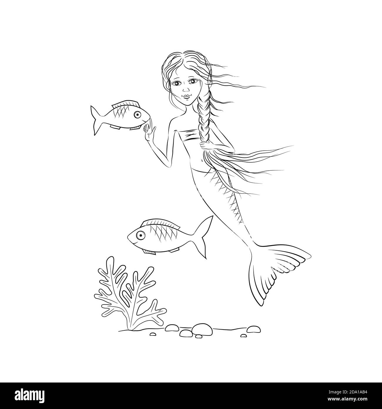 Mermaid ragazza e due pesci vettore illustrazione. Pagina da colorare per bambini Illustrazione Vettoriale